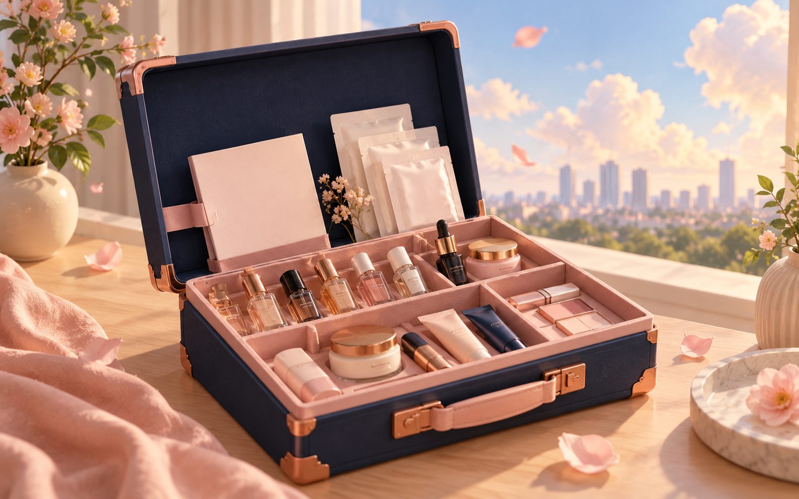 An open pastel box of beauty samples on a sunlit table