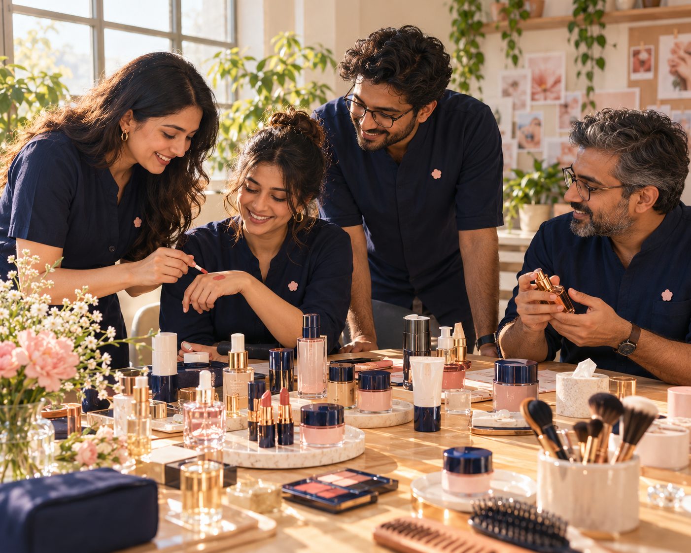 A team of Tamiko beauty experts in navy uniforms around a table of products