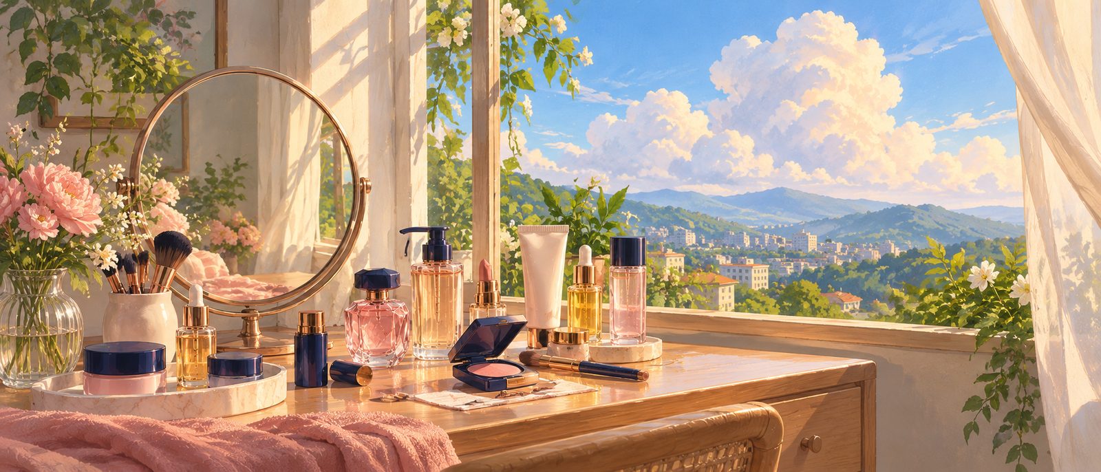 A bright home vanity by a window with beauty products laid out for trying