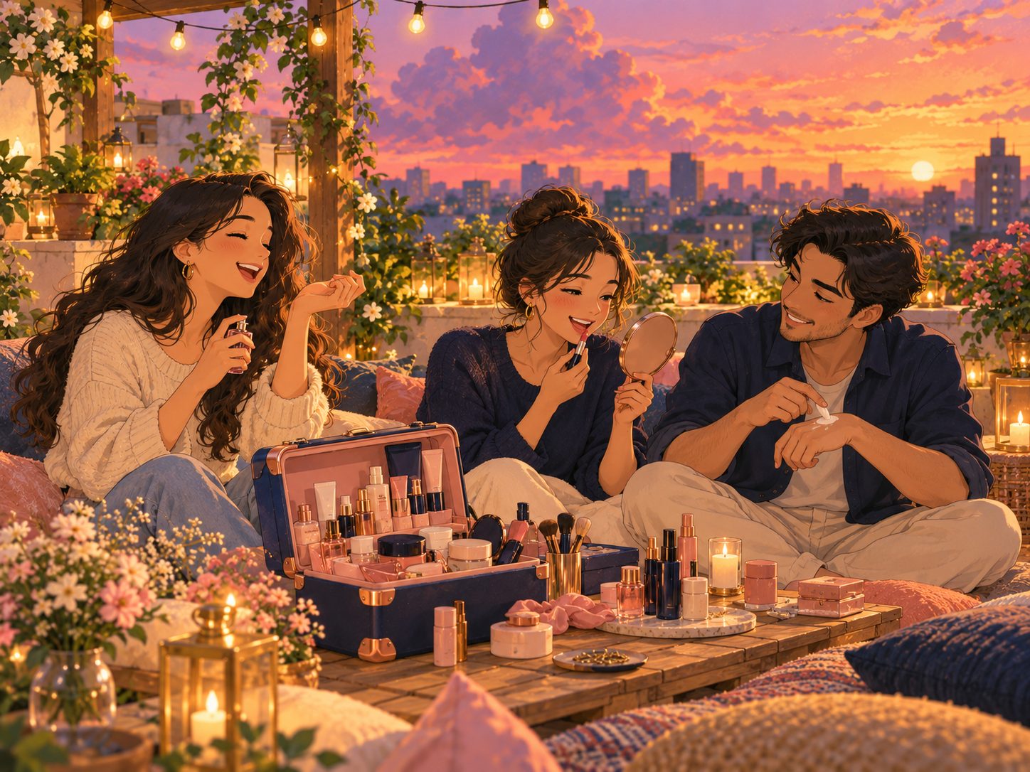 A cosy room at sunset with a beauty kit waiting on a side table