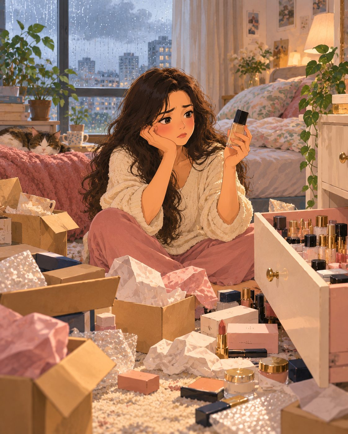Someone sitting among opened delivery boxes of beauty products on a rainy afternoon