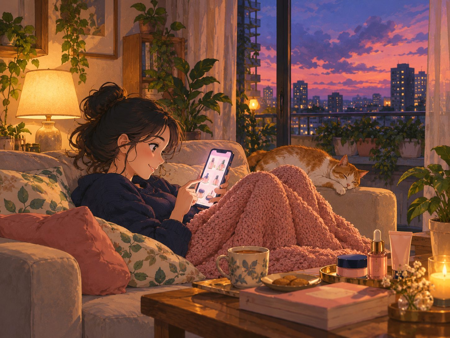 Someone browsing beauty products on their phone on a cosy sofa