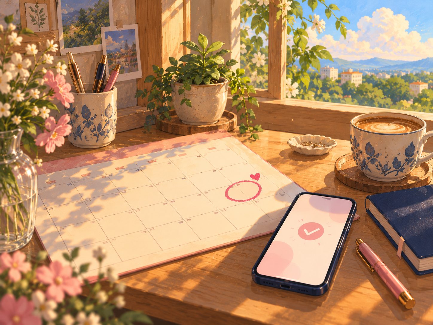 A calendar on a sunny desk with a time slot circled