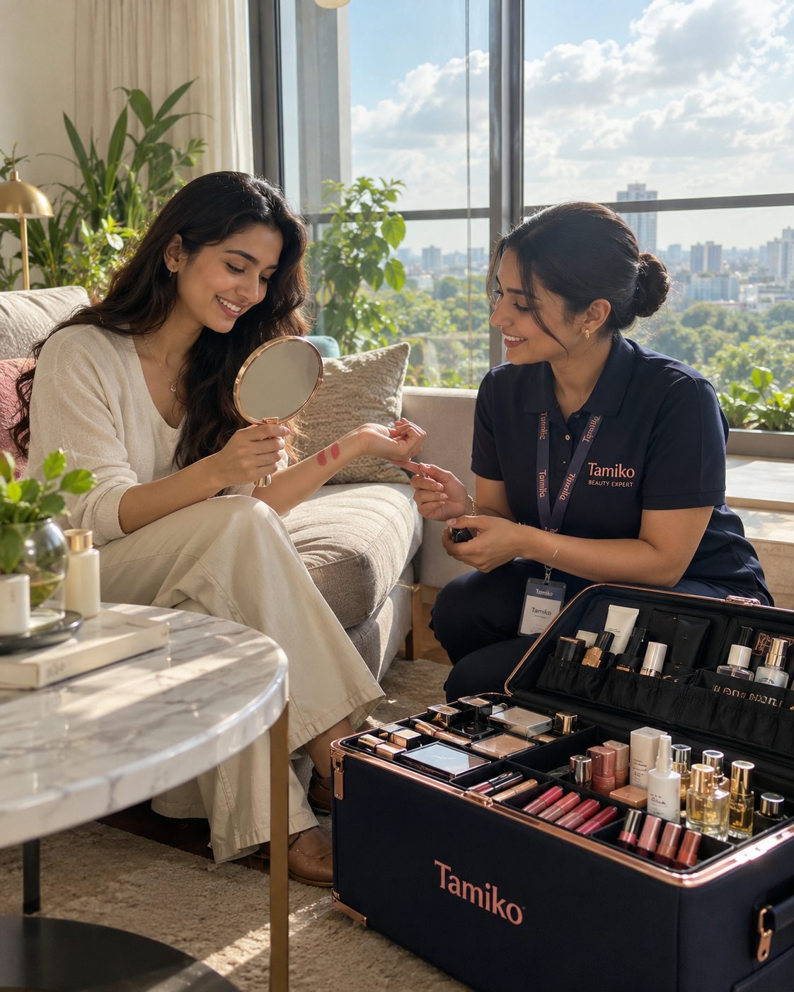 A Tamiko expert and a customer comparing swatches at home